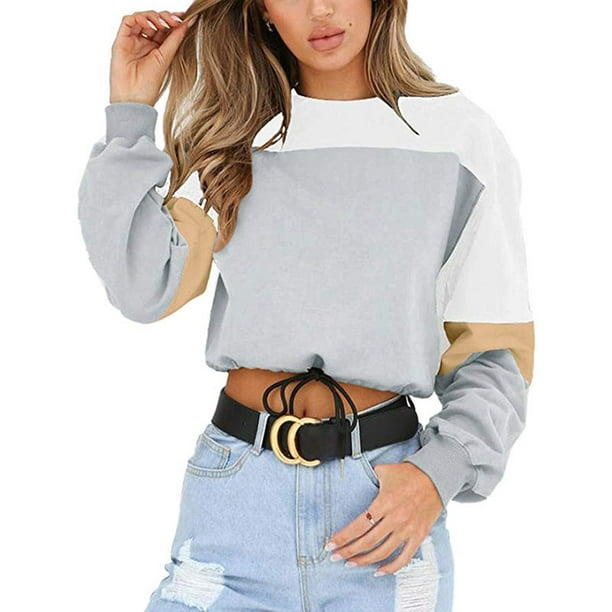 STORTO Womens Sweatshirt Long Sleeve Drawstring Hem Color Block Crop Top Pullover Tops 